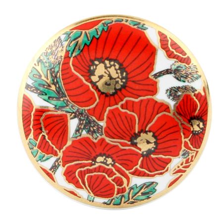 Red Poppy Flower Golden Ceramic Cabinet Knobs